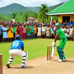 **Vibrant cricket match in a Trinidadian village, showcasing the passion and community spirit surrounding the sport. Lush green field, colorful clothing, and enthusiastic spectators.** (Focus: Cricket as a national passion)