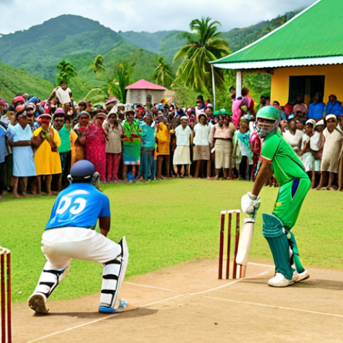 Home 6 **Vibrant cricket match in a Trinidadian village, showcasing the passion and community spirit surrounding the sport. Lush green field, colorful clothing, and enthusiastic spectators.** (Focus: Cricket as a national passion)