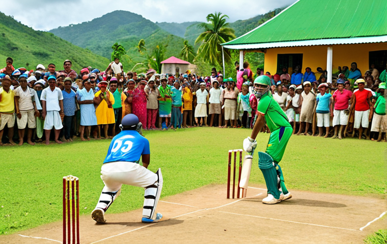 **Vibrant cricket match in a Trinidadian village, showcasing the passion and community spirit surrounding the sport. Lush green field, colorful clothing, and enthusiastic spectators.** (Focus: Cricket as a national passion)