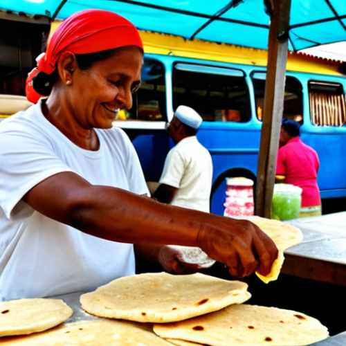 Home 7 A professional, friendly street food vendor, fully clothed in modest, clean attire, skillfully preparing a traditional 'buss-up-shut' roti at a vibrant, bustling outdoor food stall in Trinidad. The scene features fresh, colorful ingredients like curry and various chutneys on display, with a blurred background of lively market activity. The vendor's hands are well-formed and in a natural pose, expertly handling the roti. This image should convey the rich culinary heritage and energy of Trinidadian street food. professional photography, high quality, perfect anatomy, correct proportions, natural pose, proper finger count, natural body proportions, safe for work, appropriate content, family-friendly.