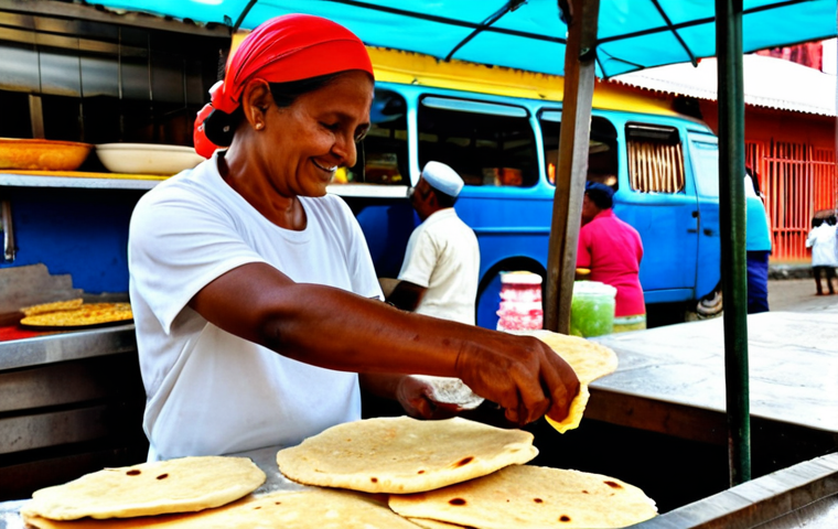 A professional, friendly street food vendor, fully clothed in modest, clean attire, skillfully preparing a traditional 'buss-up-shut' roti at a vibrant, bustling outdoor food stall in Trinidad. The scene features fresh, colorful ingredients like curry and various chutneys on display, with a blurred background of lively market activity. The vendor's hands are well-formed and in a natural pose, expertly handling the roti. This image should convey the rich culinary heritage and energy of Trinidadian street food. professional photography, high quality, perfect anatomy, correct proportions, natural pose, proper finger count, natural body proportions, safe for work, appropriate content, family-friendly.